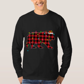 熊おもしろいクリスマスツリー赤い格子状クリスマス動物L Tシャツ