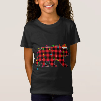 熊おもしろいクリスマスツリー赤い格子状クリスマス動物L Tシャツ