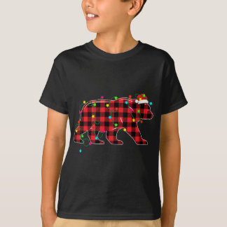 熊おもしろいクリスマスツリー赤い格子状クリスマス動物L Tシャツ