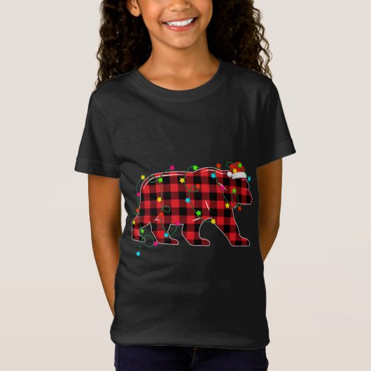 熊おもしろいクリスマスツリー赤い格子状クリスマス動物L Tシャツ (正面)