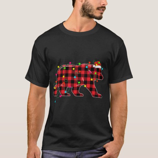 熊おもしろいクリスマスツリー赤い格子状クリスマス動物L Tシャツ (正面)