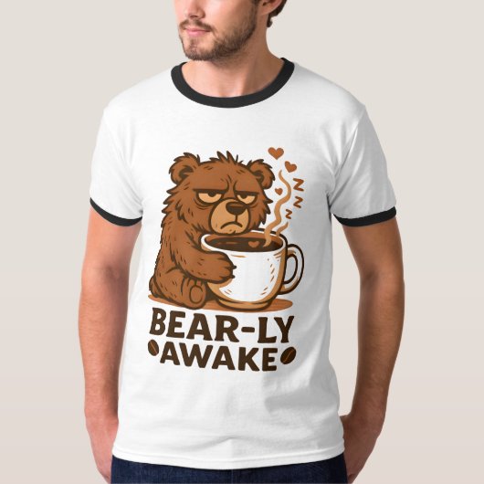 熊が起き上がる コーヒー好きデザイン Tシャツ (正面)