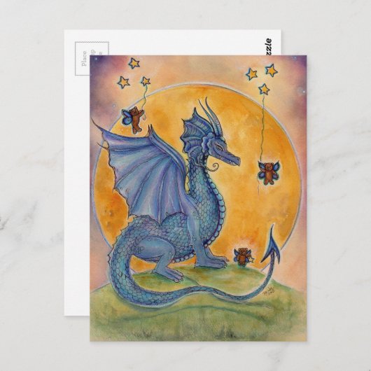 熊と星を持つかわいい青い竜 ポストカード (正面/裏面)