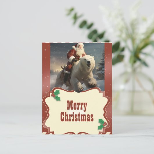 熊に乗るサンタ絵画クロース ポストカード (スタンド正面)