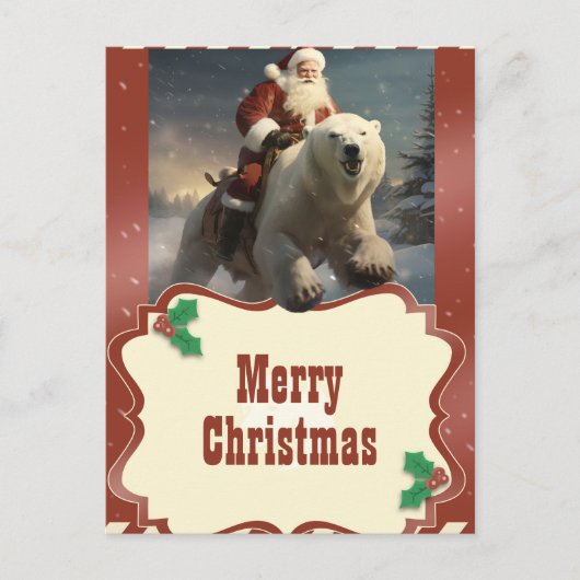 熊に乗るサンタ絵画クロース ポストカード (正面)