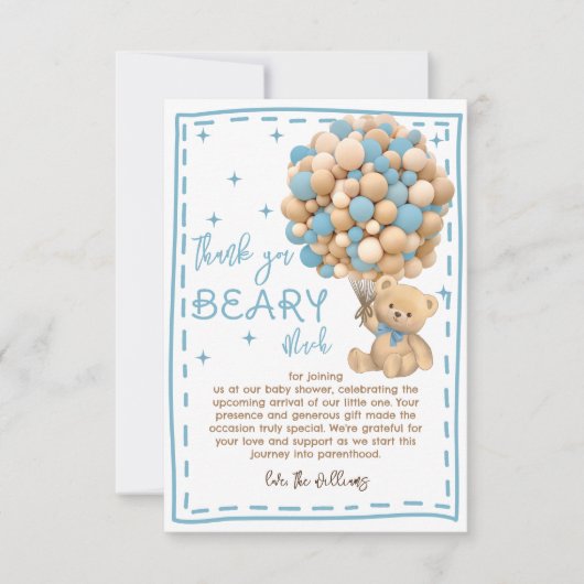 熊のモダン風船が青い赤ちゃんシャワーを待つ サンキューカード (正面)