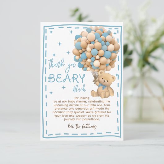 熊のモダン風船が青い赤ちゃんシャワーを待つ サンキューカード (スタンド正面)