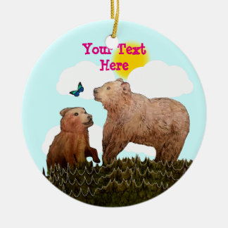 熊の子と母と蝶 セラミックオーナメント