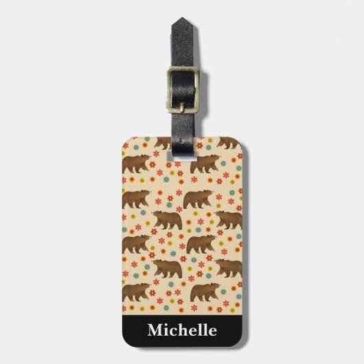 熊パーソナライズされた花柄 ラゲッジタグ (正面縦)