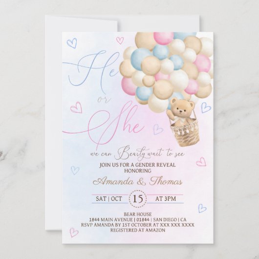 熊モダンをテーマにしたジェンダー暴露 招待状 (正面)