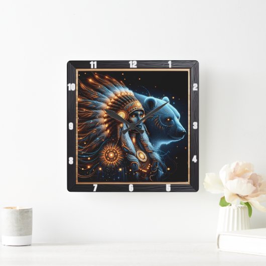 熊威厳のあるの霊と戦士の女 スクエア壁時計 (ホーム)