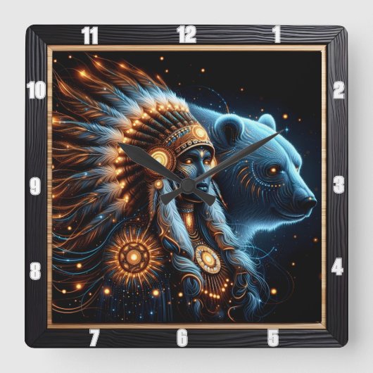 熊威厳のあるの霊と戦士の女 スクエア壁時計 (正面)