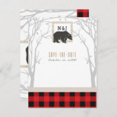 熊素朴赤の格子木の結婚式の日付を保存 案内ポストカード (正面/裏面)