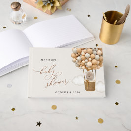 熊，ベージュ風船，熱気球，赤ちゃんシャワー ゲストブック