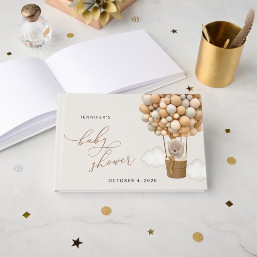 熊，ベージュ風船，熱気球，赤ちゃんシャワー ゲストブック (正面見開き)