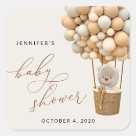 熊，ベージュ風船，熱気球，赤ちゃんシャワー スクエアシール