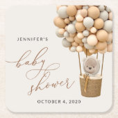 熊,ベージュ風船,熱気球,赤ちゃんシャワー スクエアペーパーコースター (正面)