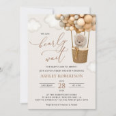 熊，ベージュ風船，熱気球，赤ちゃんシャワー 招待状 (正面)