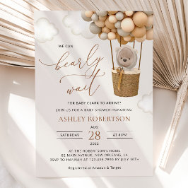 熊，ベージュ風船，熱気球，赤ちゃんシャワー 招待状