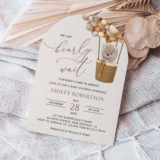 熊,ベージュ風船,熱気球,赤ちゃんシャワー 招待状