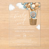 熊，青い風船，熱気球，赤ちゃんシャワー アクリル招待状 (正面)