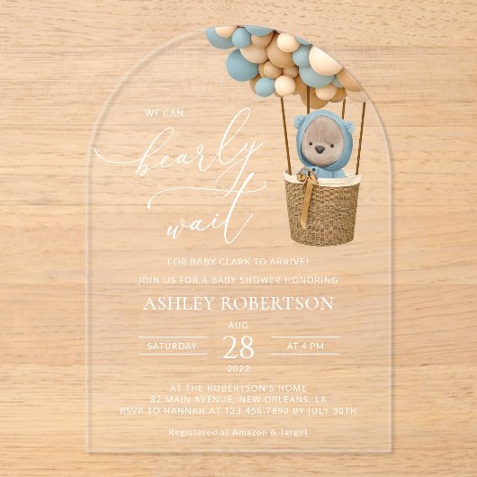 熊，青い風船，熱気球，赤ちゃんシャワー アクリル招待状 (正面)