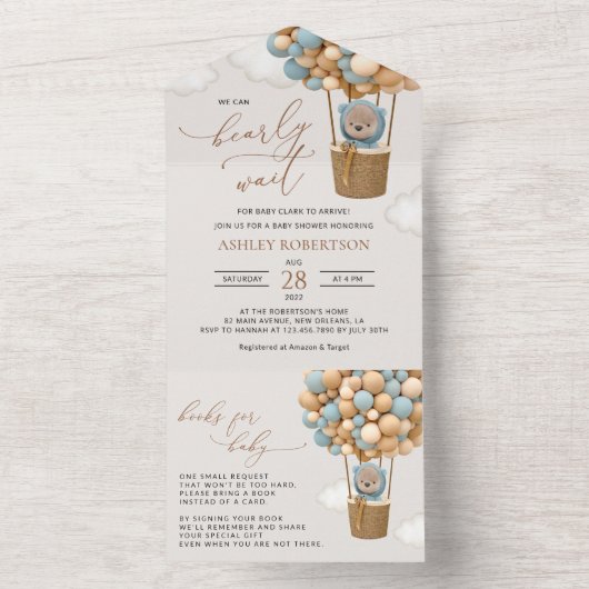 熊,青い風船,熱気球,赤ちゃんシャワー オールインワン招待状 (内側)