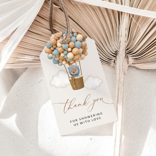 熊，青い風船，熱気球，赤ちゃんシャワー ギフトタグ