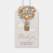 熊，青い風船，熱気球，赤ちゃんシャワー ギフトタグ (正面)