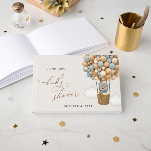熊，青い風船，熱気球，赤ちゃんシャワー ゲストブック (正面見開き)