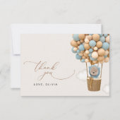 熊,青い風船,熱気球,赤ちゃんシャワー サンキューカード (正面)