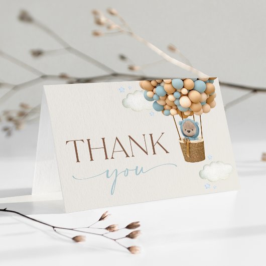 熊，青い風船，熱気球，赤ちゃんシャワー サンキューカード