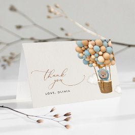 熊，青い風船，熱気球，赤ちゃんシャワー サンキューカード