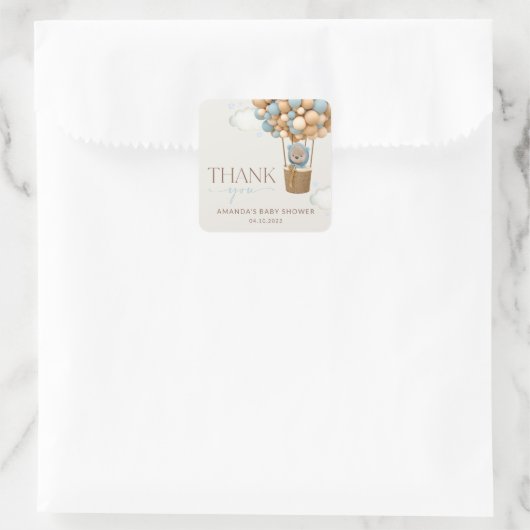 熊，青い風船，熱気球，赤ちゃんシャワー スクエアシール (バッグ)