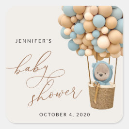 熊，青い風船，熱気球，赤ちゃんシャワー スクエアシール