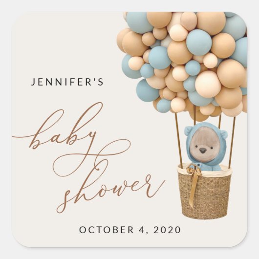 熊，青い風船，熱気球，赤ちゃんシャワー スクエアシール (正面)