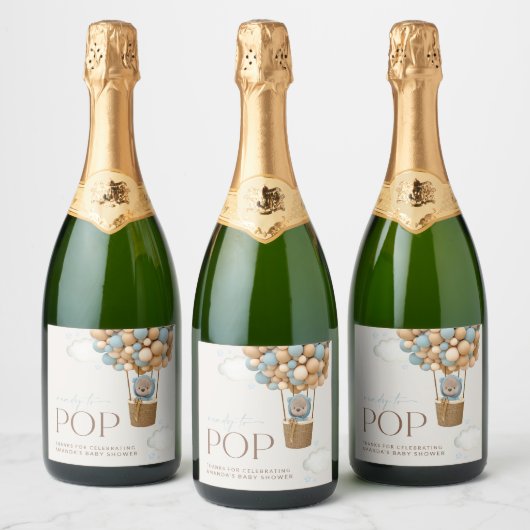 熊，青い風船，熱気球，赤ちゃんシャワー スパークリングワインラベル (ボトル)