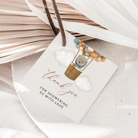 熊，青い風船，熱気球，赤ちゃんシャワー フェイバータグ