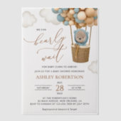 熊，青い風船，熱気球，赤ちゃんシャワー ベラム紙招待状 (正面)