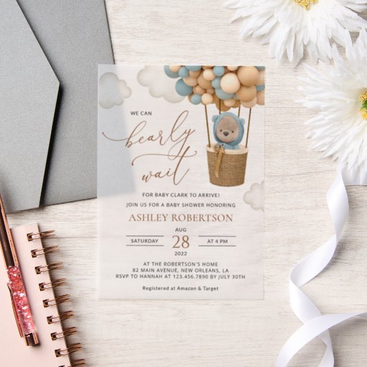 熊，青い風船，熱気球，赤ちゃんシャワー ベラム紙招待状 (ウェディング)