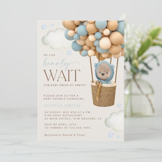 熊,青い風船,熱気球,赤ちゃんシャワー 招待状 (スタンド正面)