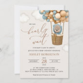 熊，青い風船，熱気球，赤ちゃんシャワー 招待状 (正面)