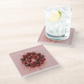 熟したさくらんぼピンクスクウェアのガラスコースター ガラスコースター (アングル)