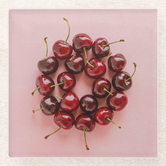 熟したさくらんぼピンクスクウェアのガラスコースター ガラスコースター (正面)