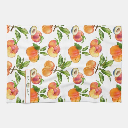 熟した桃、アプリコットとプラムの果実パターン キッチンタオル (横)
