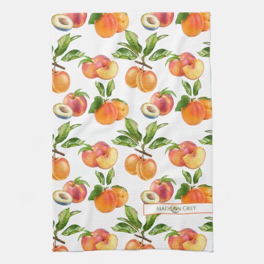 熟した桃、アプリコットとプラムの果実パターン キッチンタオル (縦)