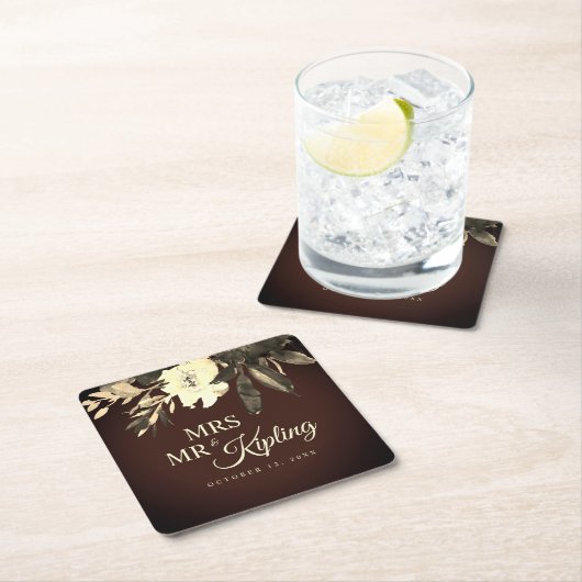 熟成ブラウン乾燥秋花模様結婚ズ スクエアペーパーコースター (インサイチュ)