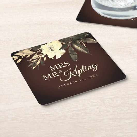 熟成ブラウン乾燥秋花模様結婚ズ スクエアペーパーコースター (アングル)