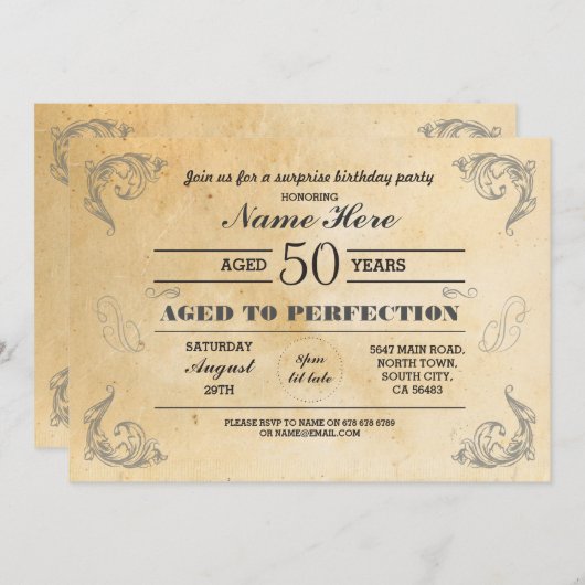 熟達して完成度の高い誕生日年齢ヴィンテージ 招待状 (正面/裏面)