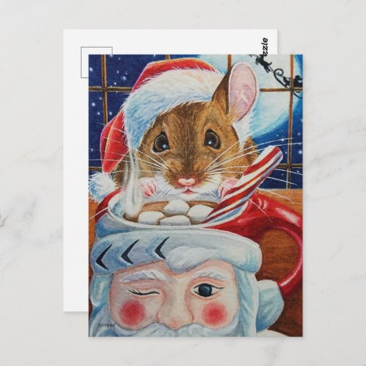 熱いココア水色のアートを持つサンタフィールドマウス ポストカード (正面/裏面)